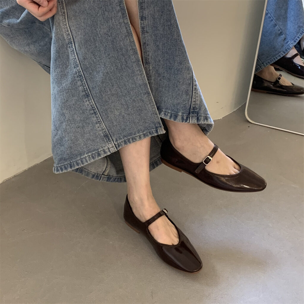 Cross-strap Mary Jane flats styled with cropped denim