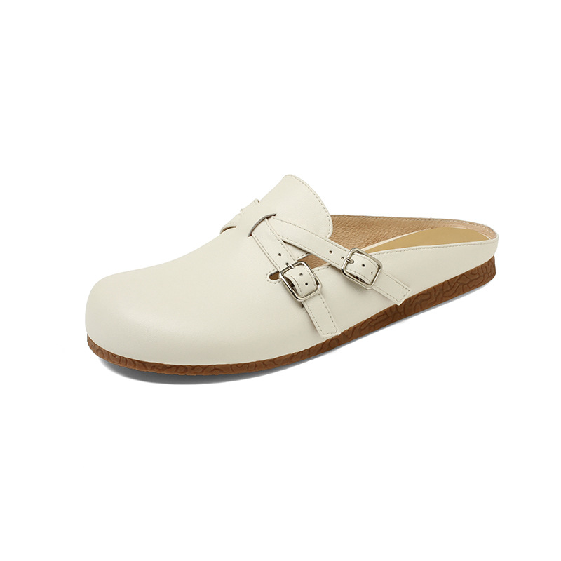 Sandals — Metallic Closed-Toe Buckle — Beige