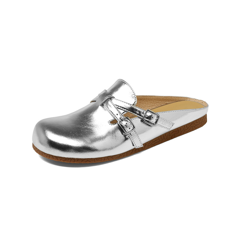 Sandals — Metallic Closed-Toe Buckle — Silver